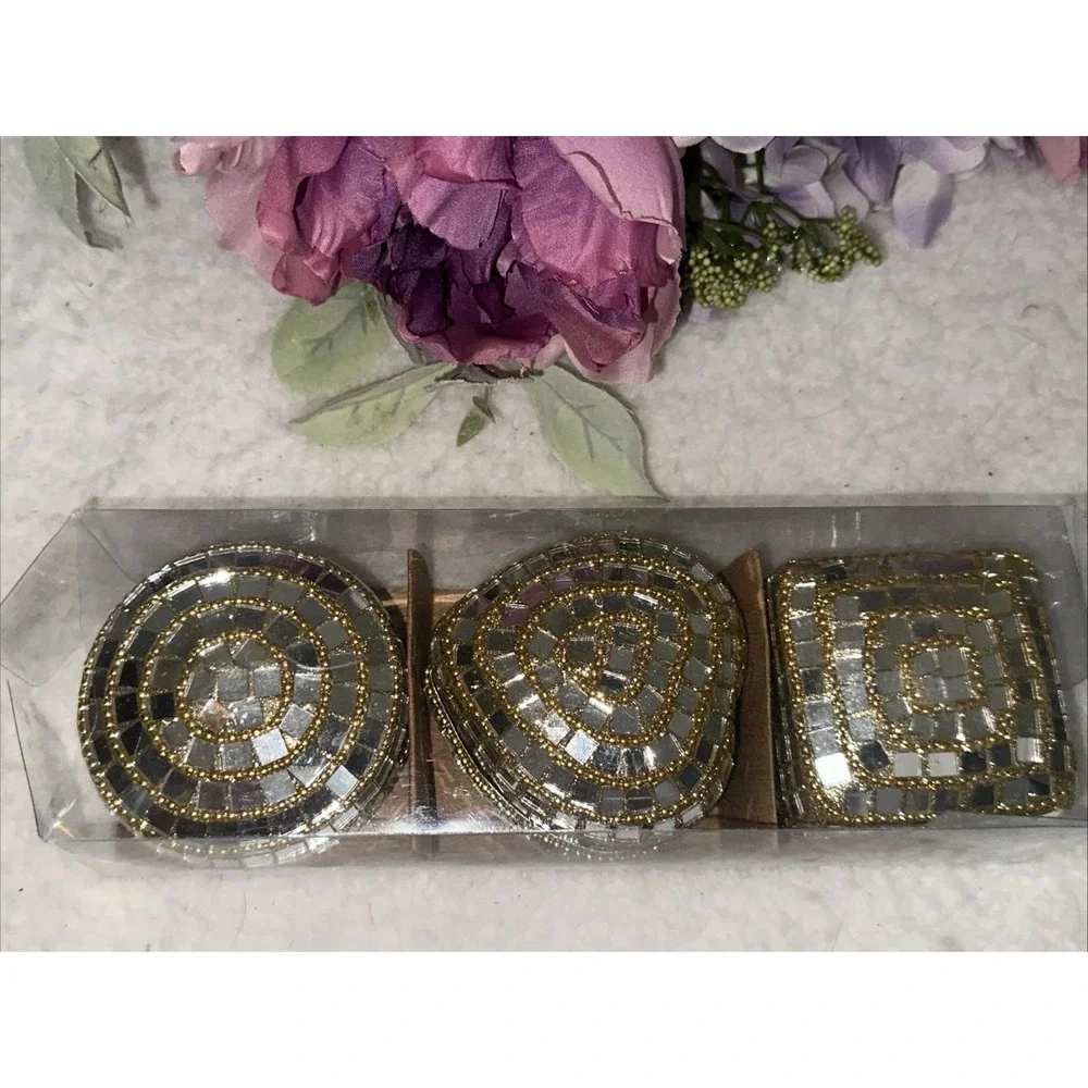 Pier 1 Imports Decorative Boxes Mirror Jeweled Square ~ Set Of 3 3 X 3 X 2